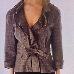 LOFT Brown Plaid Waterfall Ruffle Front Blazer Jacket with Self Belt sz 10
